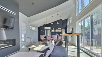 Smart TV, fireplace, books, stereo