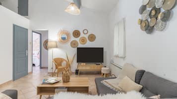 Televisie, een dvd-speler en een tafeltennistafel