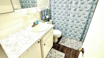 Secadora de cabello, toallas, jabón, papel de baño