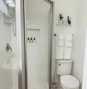 Shower, hair dryer, towels, soap