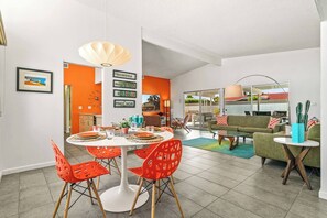 Dining - Relax at Port Palm Springs, a spacious 3BR retreat with vaulted ceilings, lagoon views, 3 patios, pools & hot tubs. Perfect for families, friends, or couples looking for comfort, charm & Palm Springs magic. (Palm Springs)