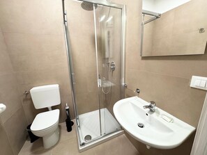 Regadera, secadora de cabello, toallas, jabón 