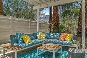 Terrace/patio - Palm Paradise offers a private 3BR retreat with a saltwater pool, fire pit, BBQ, and mountain views. Just minutes from downtown, this stylish getaway is perfect for families or friends seeking relaxation and Palm Springs charm. (Palm Springs)