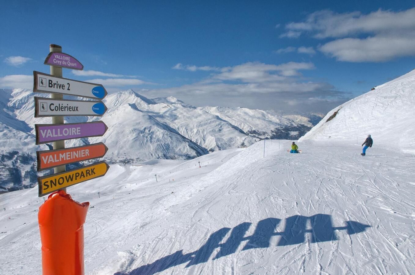 Une piste de ski enneigée, avec un panneau indicateur indiquant les directions vers différents lieux, notamment Valmoire, Colérieux, Valmeinier et un parc à neige.
