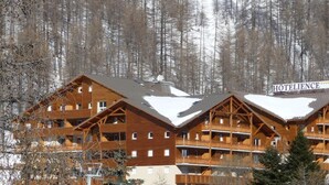 Un hotel de madera de varios pisos con balcones y un letrero que dice 'HOTELIENCE'.