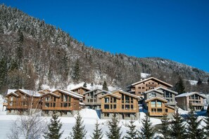 Eine Gruppe Holzhütten mit großen Fenstern vor einer verschneiten Bergkulisse.