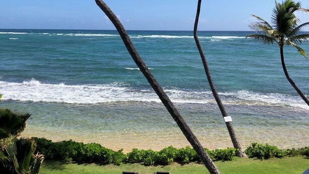 Une vue sur l’océan depuis un balcon, avec deux chaises longues orientées vers la mer, le tout entouré de palmiers.