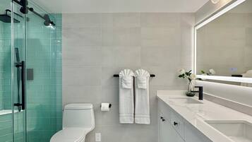 A modern bathroom with a glass shower enclosure, a toilet, a vanity with a large mirror, and two towels hanging on the wall.