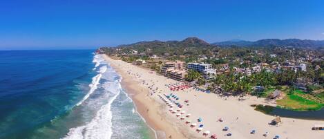 On the beach, sun-loungers, beach umbrellas, beach towels
