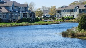 A residential area with houses along a calm river.