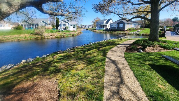 A riverside pathway with houses on one side and a tree-lined path on the other.