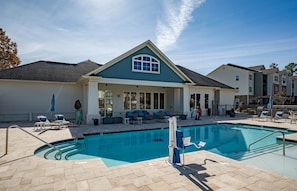 Seasonal outdoor pool, pool loungers