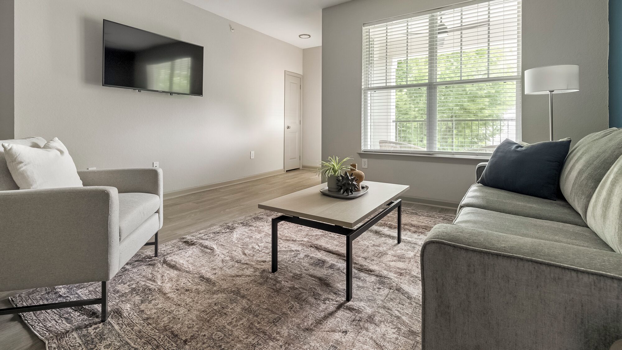 Un salon moderne avec un téléviseur à écran plat fixé au mur, une table basse agrémentée d’objets décoratifs, un canapé gris et un tapis à motifs.