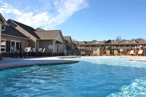 Seasonal outdoor pool, sun loungers