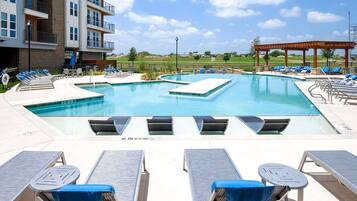 Seasonal outdoor pool, sun loungers