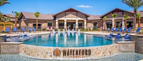 Seasonal outdoor pool, sun loungers