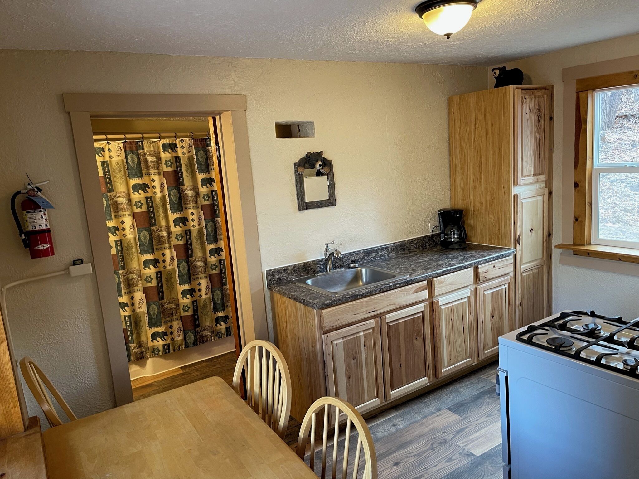 Fridge, microwave, coffee/tea maker, toaster