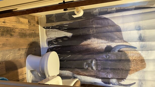 A bathroom with a wooden floor, a white toilet, and a wall mural of a bison. - Stoney River Lodge - Unit 8 - Buffalo (Loveland)