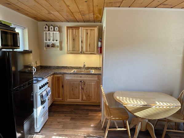 Fridge, microwave, coffee/tea maker, toaster