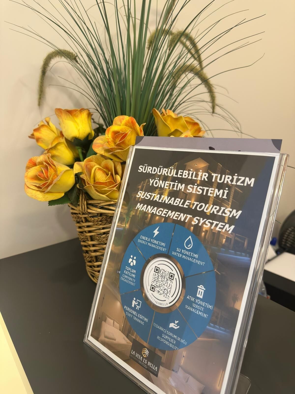 A framed poster with a circular diagram and text in Turkish, placed on a table with a vase of yellow flowers in the background.