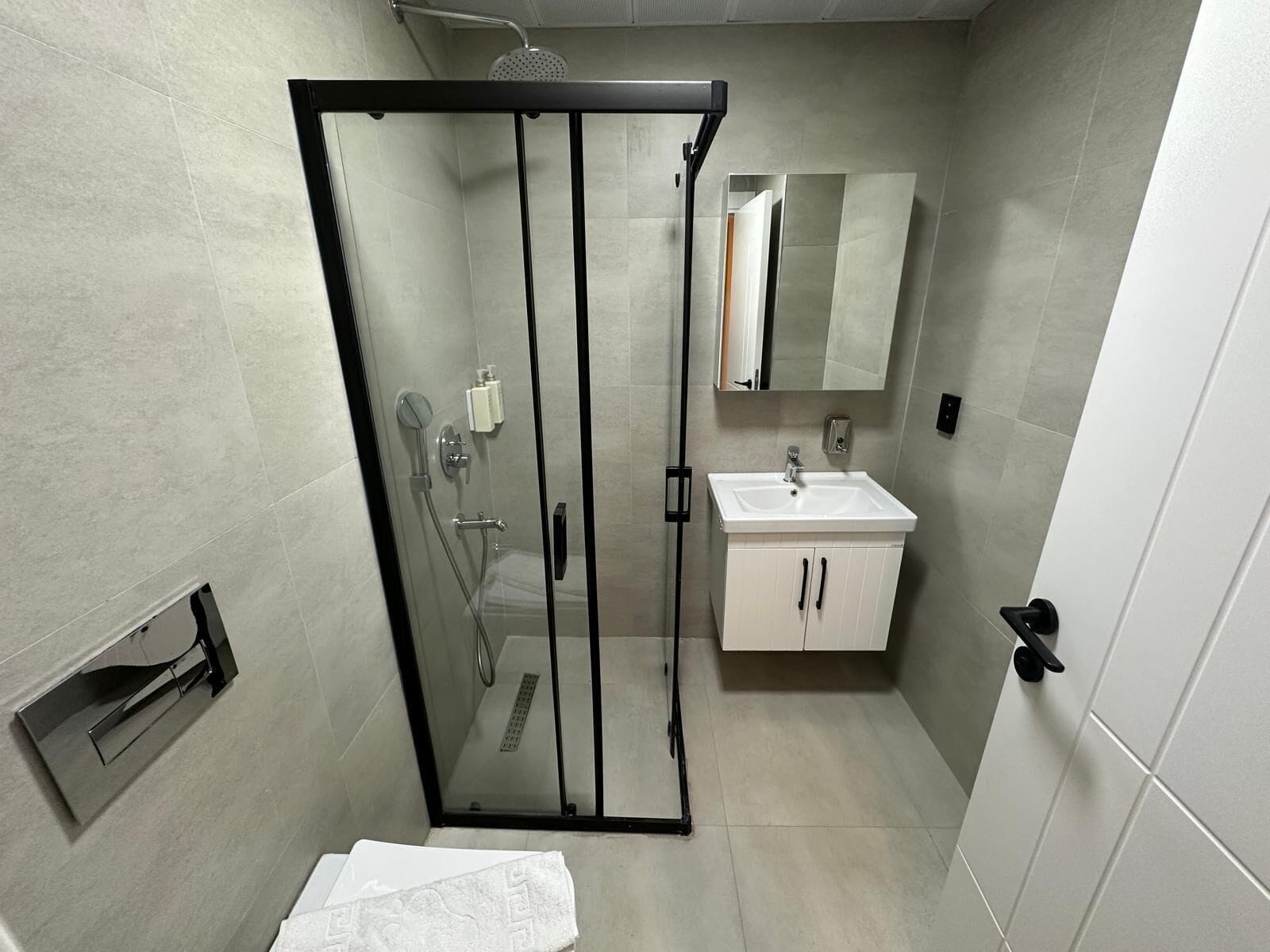 A modern bathroom with a glass-enclosed shower, a white sink, and a mirror above the sink.
