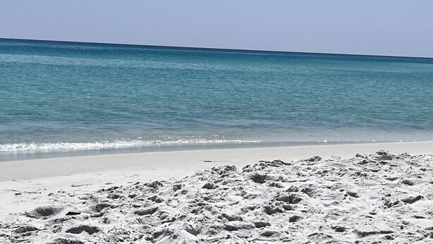 Une plage de sable blanc avec une eau bleue et calme.