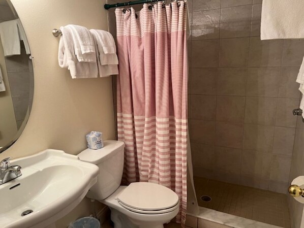 Ein Badezimmer mit Toilette, Waschbecken und Duschbereich.