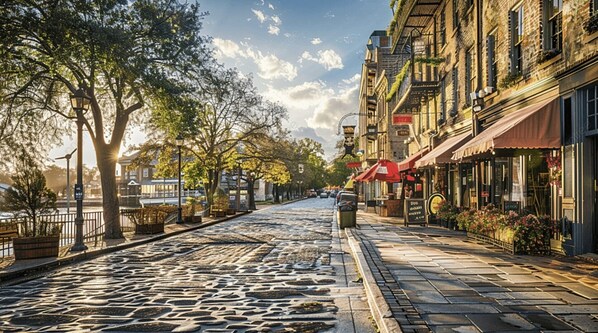 A cobblestone street lined with trees and buildings, featuring a mix of residential and commercial properties.