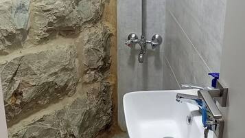 Hair dryer, towels, soap, toilet paper