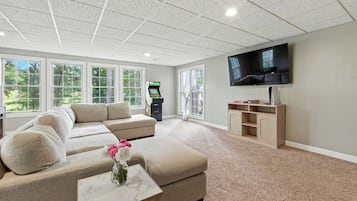 Smart TV, fireplace, video games, table football