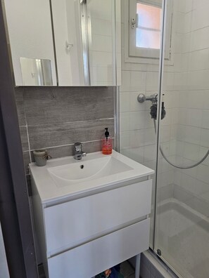 Shower, towels, soap, toilet paper