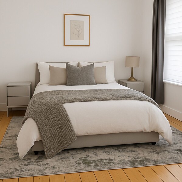 A bedroom with a bed, a bedside table, a lamp, and a framed picture on the wall.