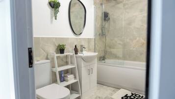 Shower, hair dryer, bidet, towels