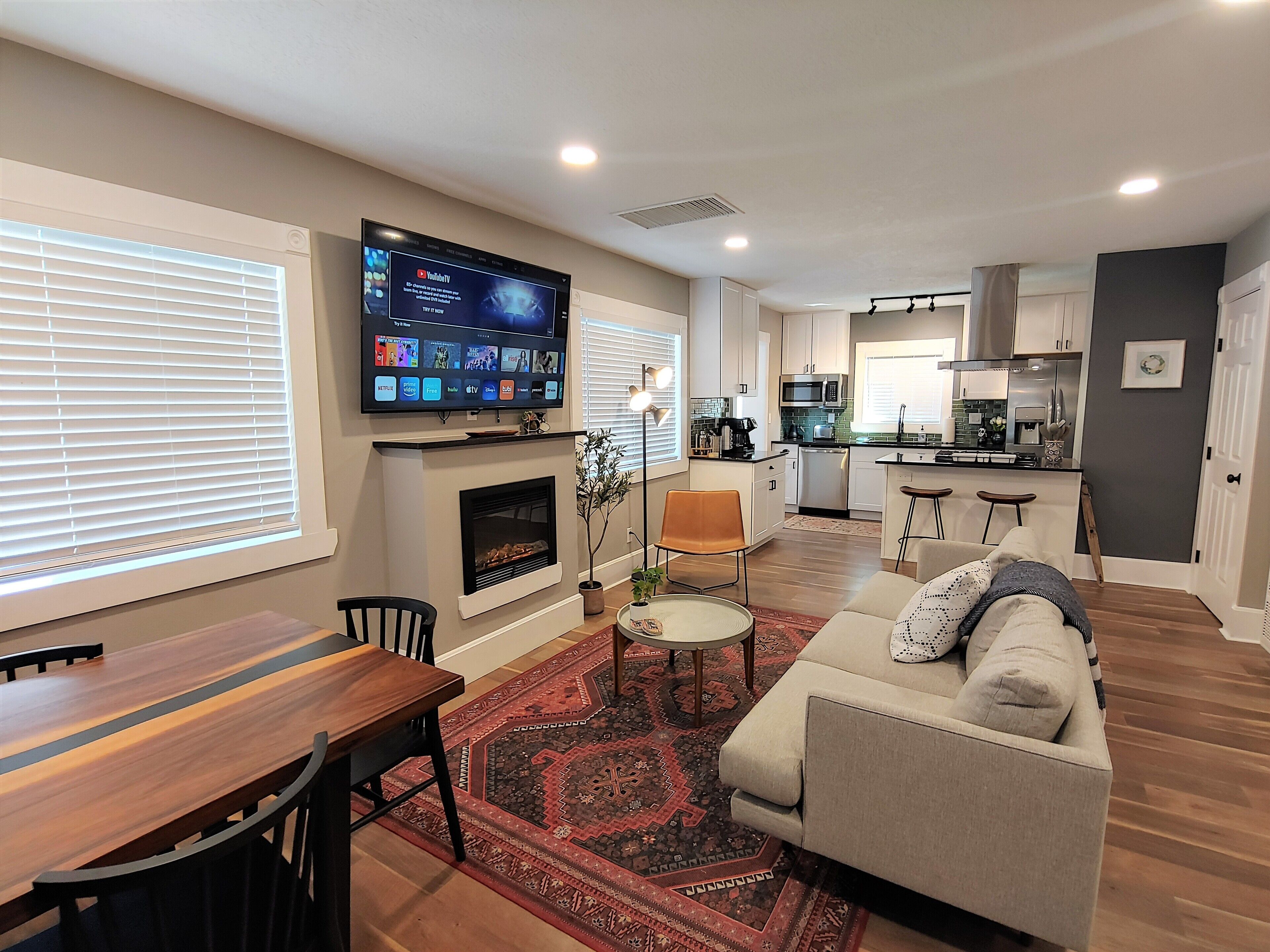 Smart TV, fireplace, music library