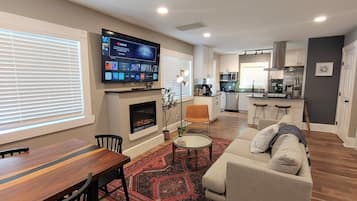 Smart TV, fireplace, music library