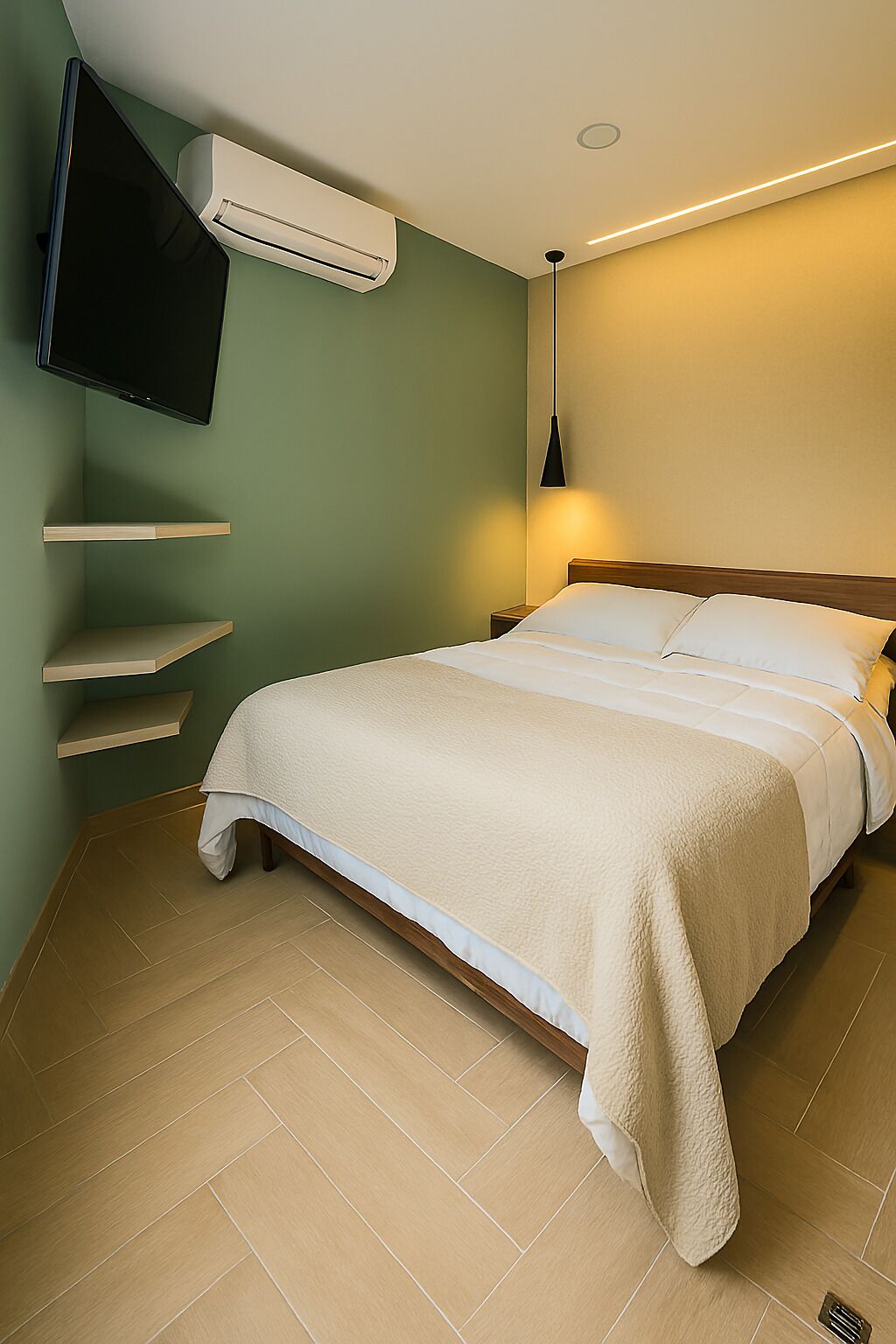 Un dormitorio con una cama, un televisor instalado en la pared, un aire acondicionado y una lámpara de noche.