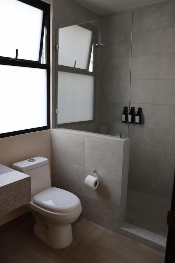 Une salle de bain comprenant des toilettes, un lavabo, un miroir et une douche.