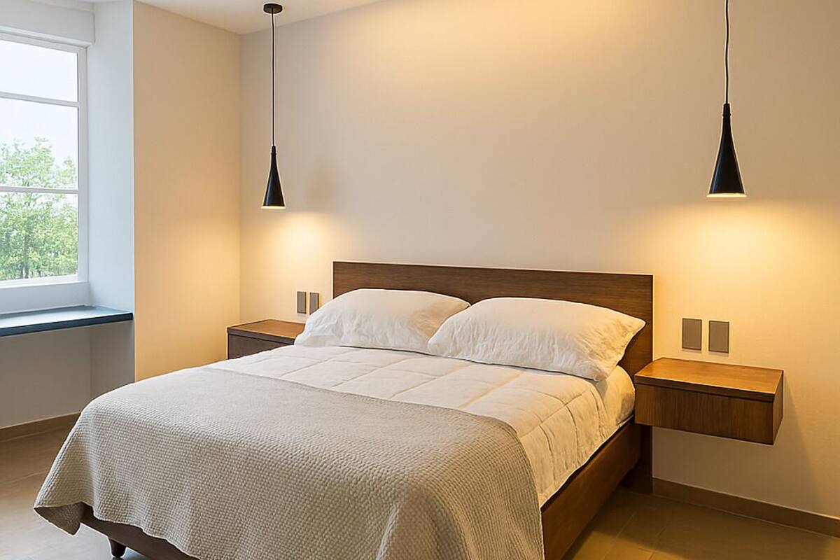 A modern bedroom with a large bed, bedside tables, and pendant lights.
