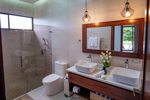 Shower, hair dryer, towels, soap