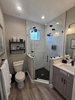Shower, hair dryer, towels, soap