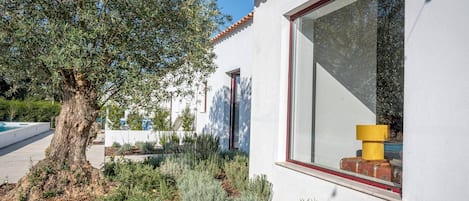 Ett modernt hus med ett stort fönster, ett träd och en välskött trädgård.