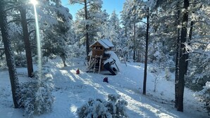 Una cabaña de madera rodeada de árboles cubiertos de nieve.