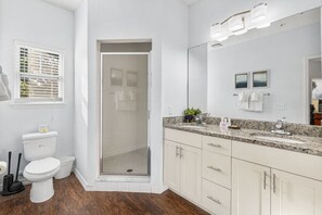 Hair dryer, towels, soap, toilet paper