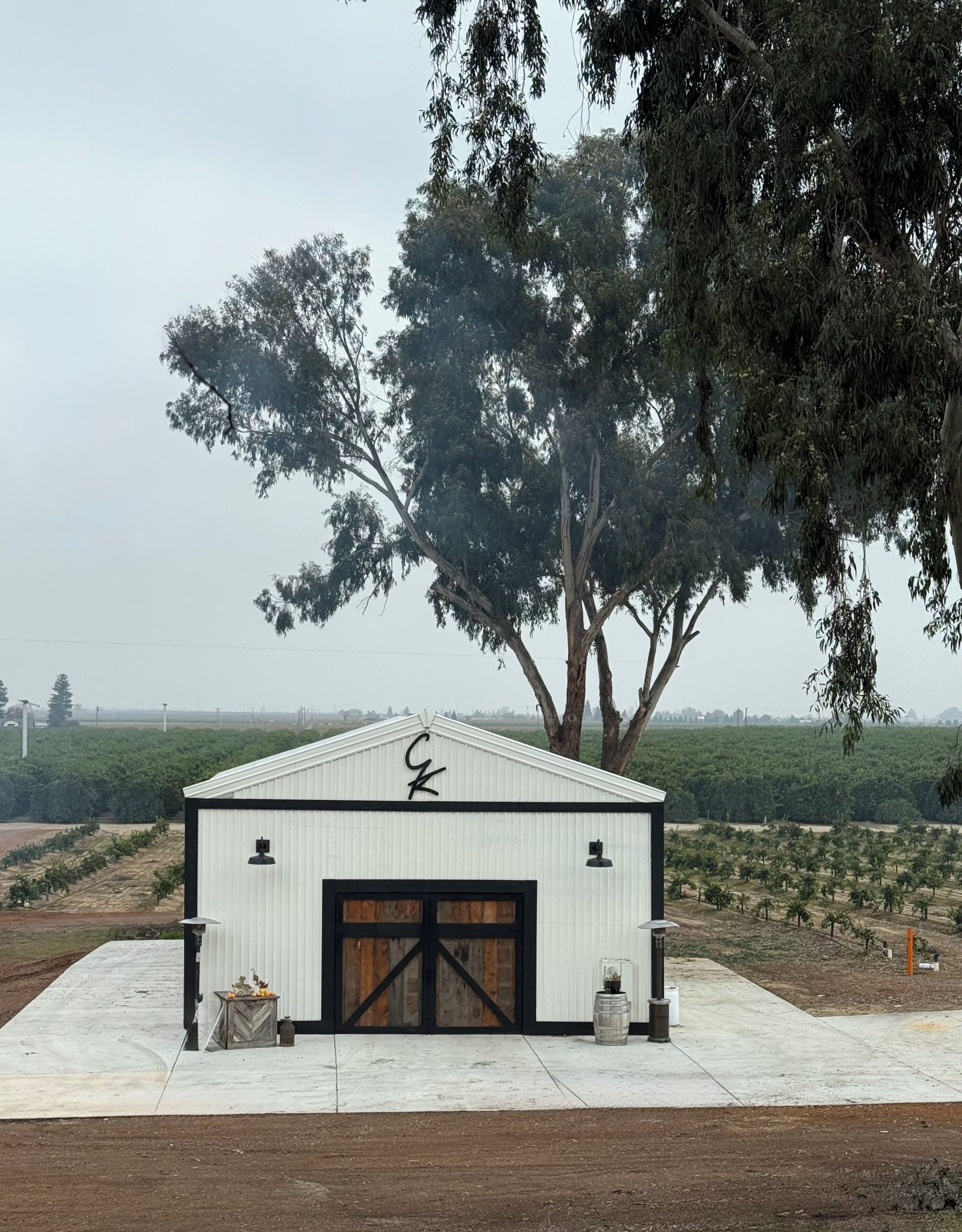 A single-story building with a large tree in front, a garage with a black door, and a clear view of the surrounding landscape.