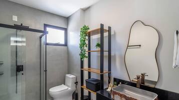 A modern bathroom with a glass shower enclosure, a toilet, a black sink, and a wooden shelf with a plant.