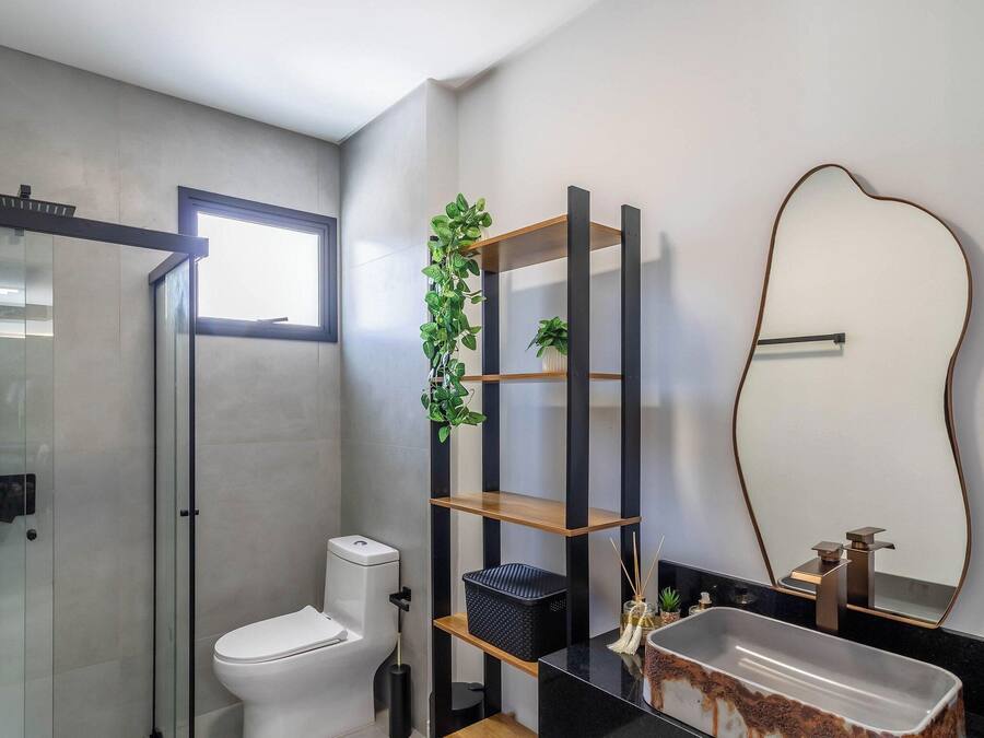 A modern bathroom with a glass shower enclosure, a toilet, a black sink, and a wooden shelf with a plant.