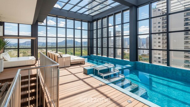 A rooftop infinity pool with a glass ceiling, wooden deck, and a seating area with a view of the cityscape. - Sua estadia exclusiva a poucos passos do Mar em Meia Praia - FFS (Itapema)