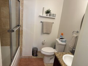 Hair dryer, towels, soap, toilet paper