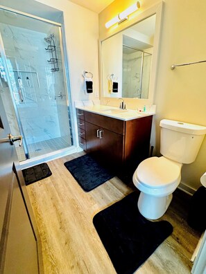 Hair dryer, towels, toilet paper