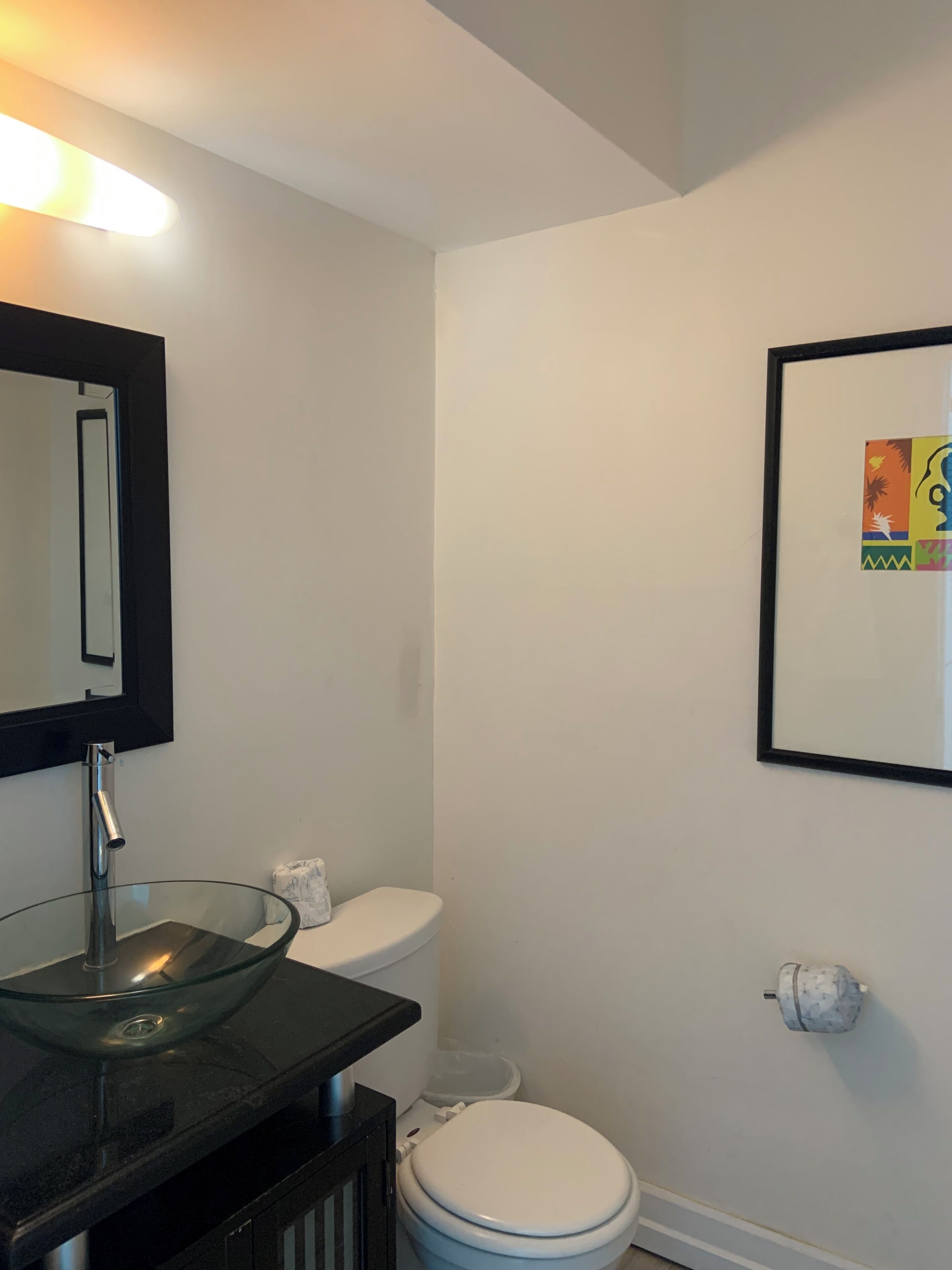 A bathroom with a glass sink, a white toilet, a black-framed mirror, and a framed artwork on the wall.